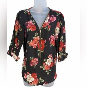 Black Floral Zip-Front Blouse with Red, Pink & Cream Roses